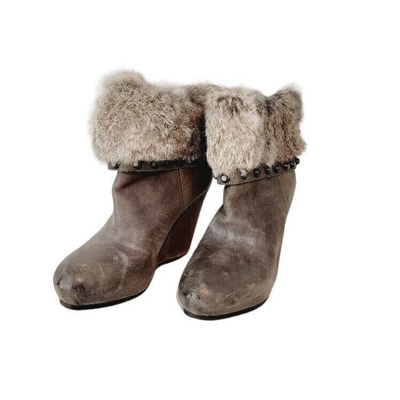 ASH Wedge Ankle Boots Women's Leather Fur Cuff Zip Studs Sz 7.5 EU 38 Gray Taupe - Picture 2 of 13